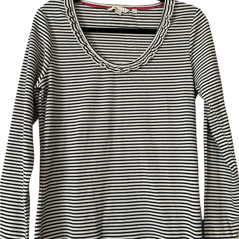Boden Black and White Striped & Frilled Long Sleeve Top